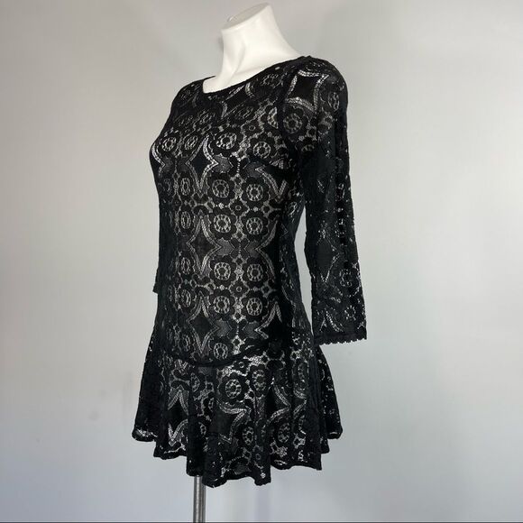 Free People Walking to the Sun Black Lace Mini Dress 0 Ruffle Sheer Tunic Top - Picture 8 of 16